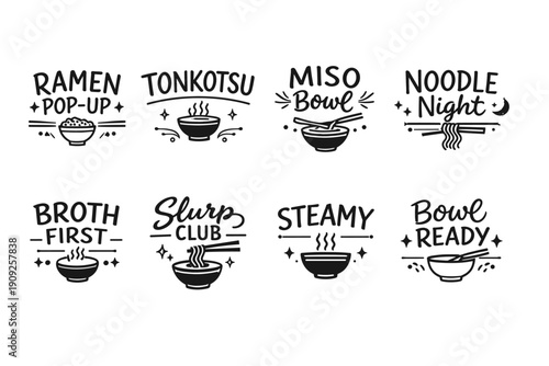 Ramen-themed illustrations highlighting varieties like tonkotsu and miso bowls