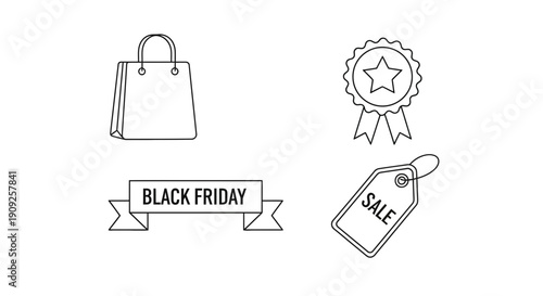 Black Friday Sale Icons: Shopping Bag, Ribbon, Badge, and Tag