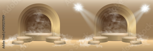 Golden arch podiums with spotlights and smoke