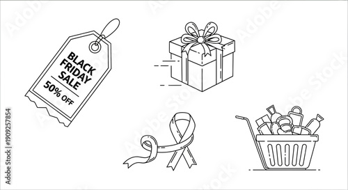 Black Friday Sale, Gift Box, Awareness Ribbon, Shopping Cart Icons