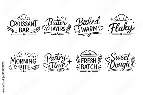 Artistic bakery designs: croissant bar, sweet dough, fresh batch, pastry time