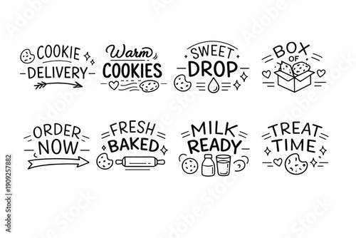 Hand-drawn cookie-themed designs with delivery and freshness illustrations