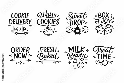 Cookie delivery icons: warm, sweet, fresh, milk ready, treat time designs