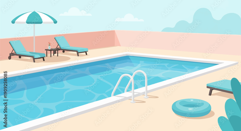 Obraz premium A serene poolside scene with lounge chairs, umbrella, and inflatable ring