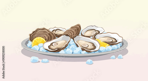 A plate of fresh oysters on ice with lemon slices and scattered ice cubes
