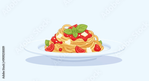 A plate of spaghetti with tomato sauce, cheese, basil, and tomato slices