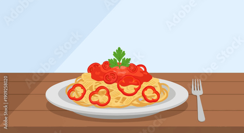 A plate of pasta with tomato sauce and red peppers sits on a wooden table