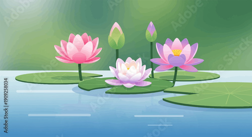 A serene pond scene featuring vibrant lotus flowers and lily pads