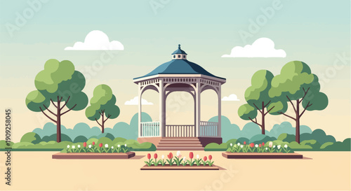 A serene park scene features a detailed gazebo amidst lush greenery and vibrant flowerbeds
