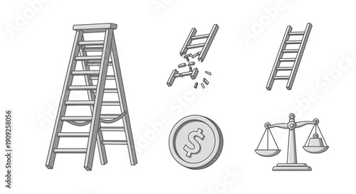 Business ladder, broken ladder, money coin, scales of justice, concept of success and failure
