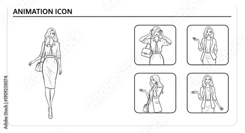 Business Woman Animation Icon Set: Walking, Posing, Presenting, Gesturing