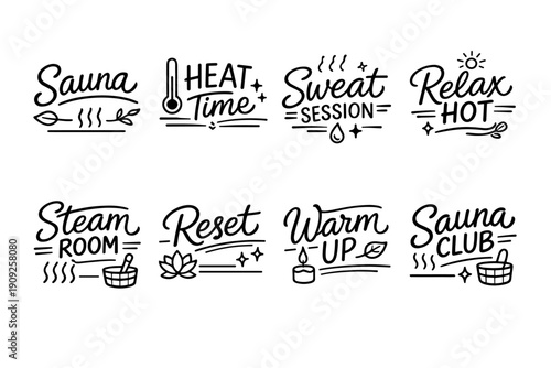 Relaxing sauna text designs featuring sauna, heat, and relaxation themes