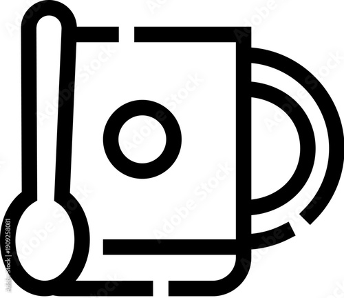 Mug with a spoon and handle creating an outline icon, representing concepts of hot beverages, breakfast, cafe culture, and kitchen essentials in a minimalist graphic style