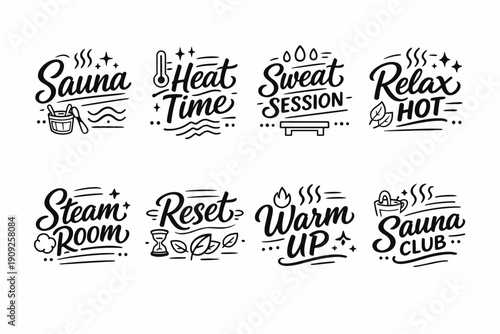 Sauna and relaxation typography set with heat, steam, and warm elements