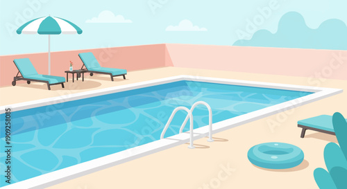 A serene poolside scene with lounge chairs, umbrella, and inflatable ring