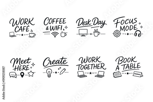 Creative icons for work settings: coffee, desk, focus, collaboration, and booking