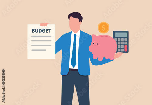  Budget, expense and cost calculation, investment advisor or financial planning concept, smart businessman holding bills and budget plan with savings piggybank and calculator