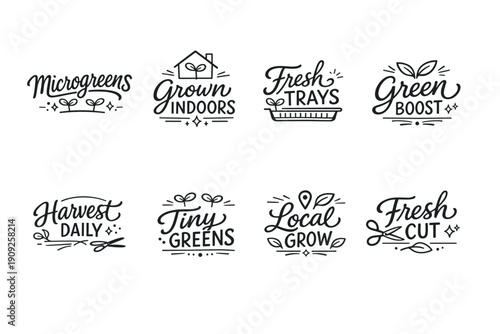Microgreens label set: grown indoors fresh trays garden design