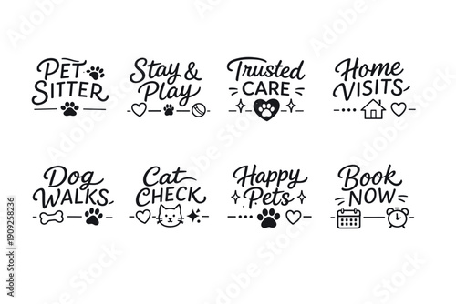 Pet care icons: sitter, walks, check, visits, trusted services