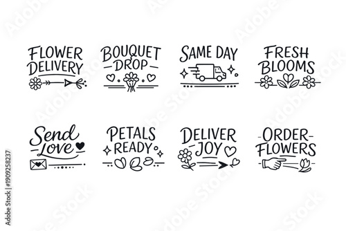 Floral service icons: delivery, bouquets, fresh blooms, love messages, petals, order online