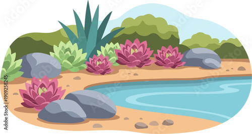 A serene water garden with succulents, rocks, and lush green hills