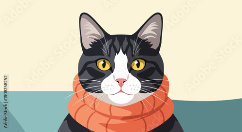 A portrait of a tabby cat wearing an orange scarf