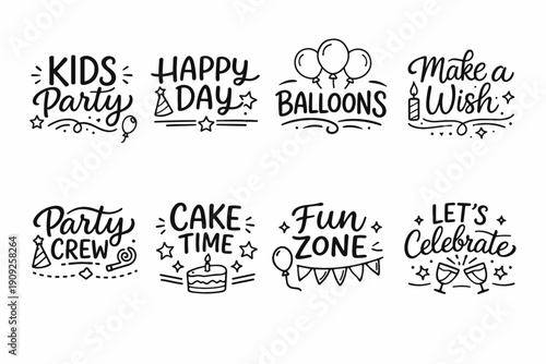 Hand-drawn celebration icons with party themes and festive phrases