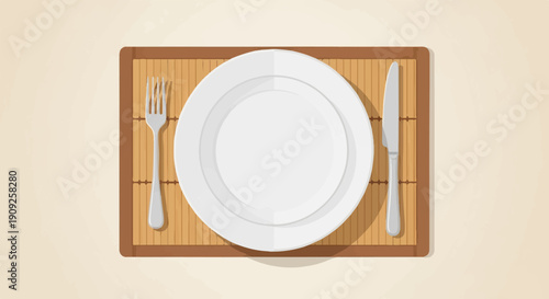 A place setting with a white plate, fork, knife, and bamboo mat on a light background