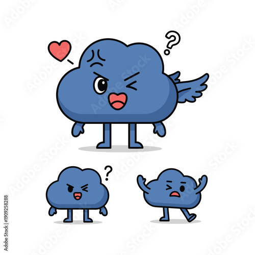 Confused cartoon cloud characters with different emotions on white background