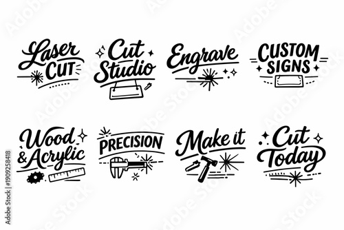 Black and white laser cut and engraving themed drawings with tools and text