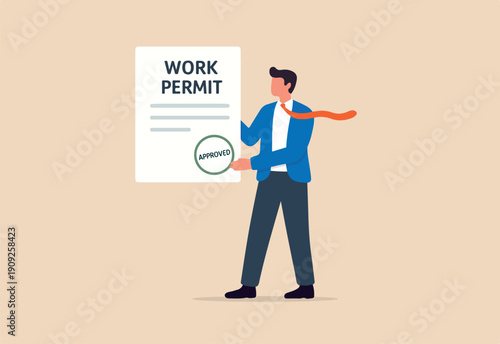 Work permit document approved, contract agreement athority, legal paperwork for employment with stamp signature, immigration permission concept, businessman employee with approved work permit paper