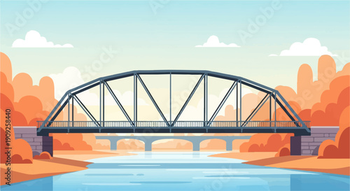 A pixelated truss bridge spans a calm blue river under a soft sky