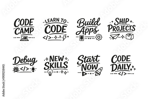 Code camp icons: learn, build, ship, debug, new skills, start, daily