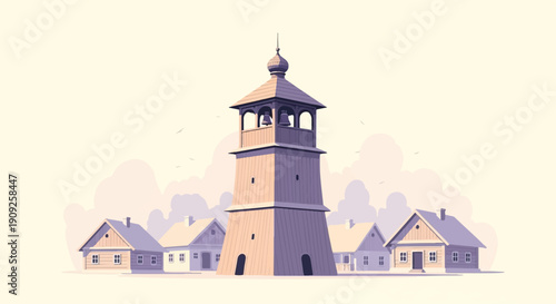 A pixelated village scene with a tall bell tower at its center
