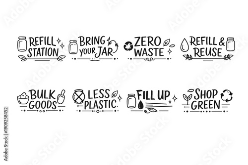 Eco-friendly zero waste icons: refill station, reduce plastic, shop green