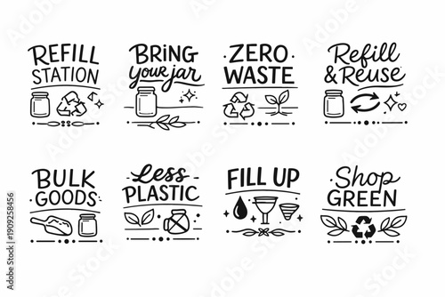 Eco-friendly waste reduction icons promoting zero waste and sustainable shopping