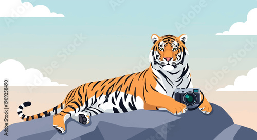 A pixelated tiger rests on rocks with a camera