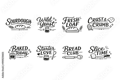 Artistic bread-themed logos featuring dough, yeast, and baking elements
