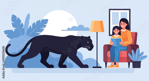 A mother and child read indoors as a panther walks by outside