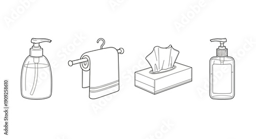 Bathroom Essentials: Soap Dispensers, Towel, and Tissues - Cleanliness and Hygiene Concept