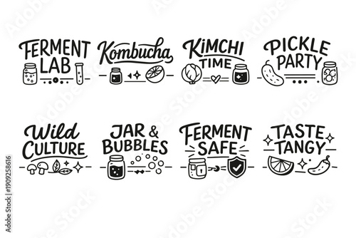 Fermentation themed graphics: kombucha, kimchi, pickles, and more
