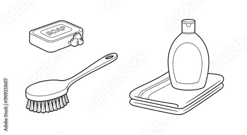 Bathroom Essentials: Soap, Brush, Lotion Bottle, and Towels - Cleanliness and Hygiene Concept
