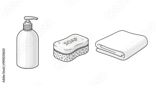 Bathroom Essentials: Soap, Lotion Dispenser, and Folded Towel - Cleanliness and Hygiene Concept