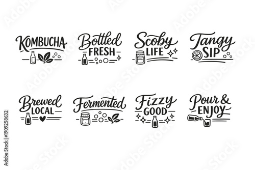 Kombucha labels: scoby, fermented, fizzy, tangy, brewed, fresh, local, enjoy