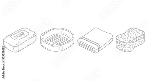 Bathroom Essentials: Soap, Soap Dish, Folded Towel, and Sponge - Line Art Illustration