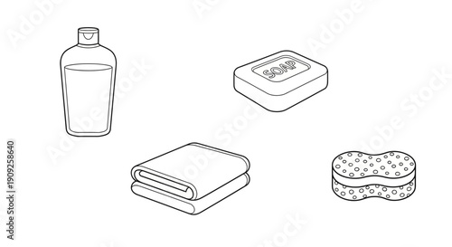 Bathroom Essentials: Soap, Lotion, Towel, and Sponge - Cleanliness and Hygiene Concept