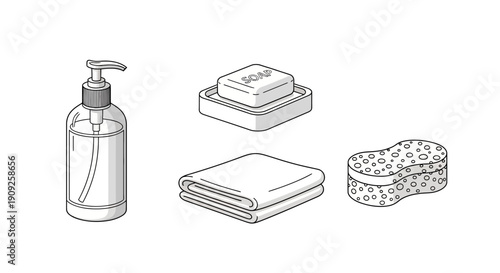Bathroom Essentials: Soap, Lotion Dispenser, Towel, and Sponge - Cleanliness and Hygiene Concept
