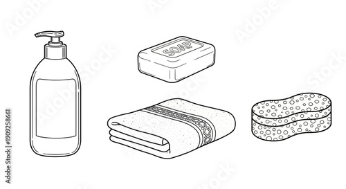 Bathroom Essentials: Soap, Lotion, Towel, and Sponge - Cleanliness and Hygiene Concept