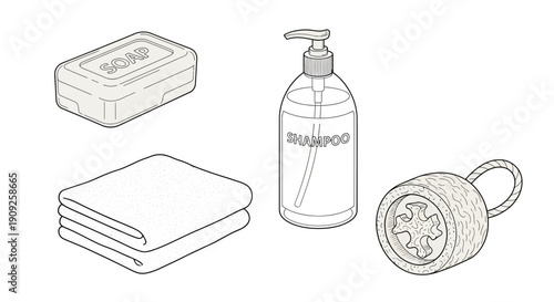 Bathroom Essentials: Soap, Shampoo, Towel, and Loofah - Cleanliness and Hygiene Concept