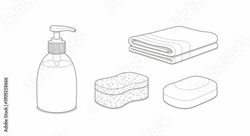 Bathroom Essentials: Soap, Sponge, and Towel Line Art Illustration